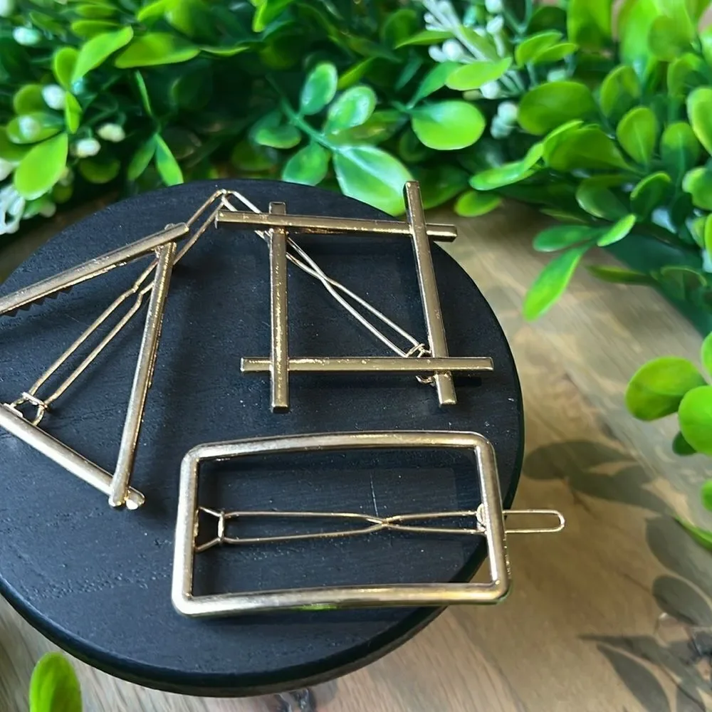 Geometric Shapes Goldtone Hair Clips Square, Triangle, Rectangle